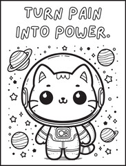 Motivational coloring page for kids and adults:  Printable space coloring page: Cat in space