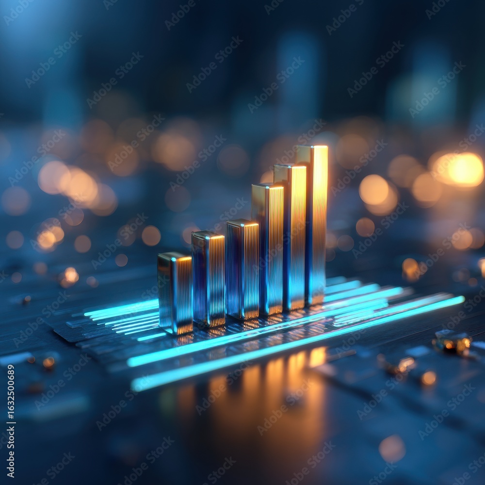 Poster a futuristic, digital representation of a bar graph with glowing elements, symbolizing data analysis