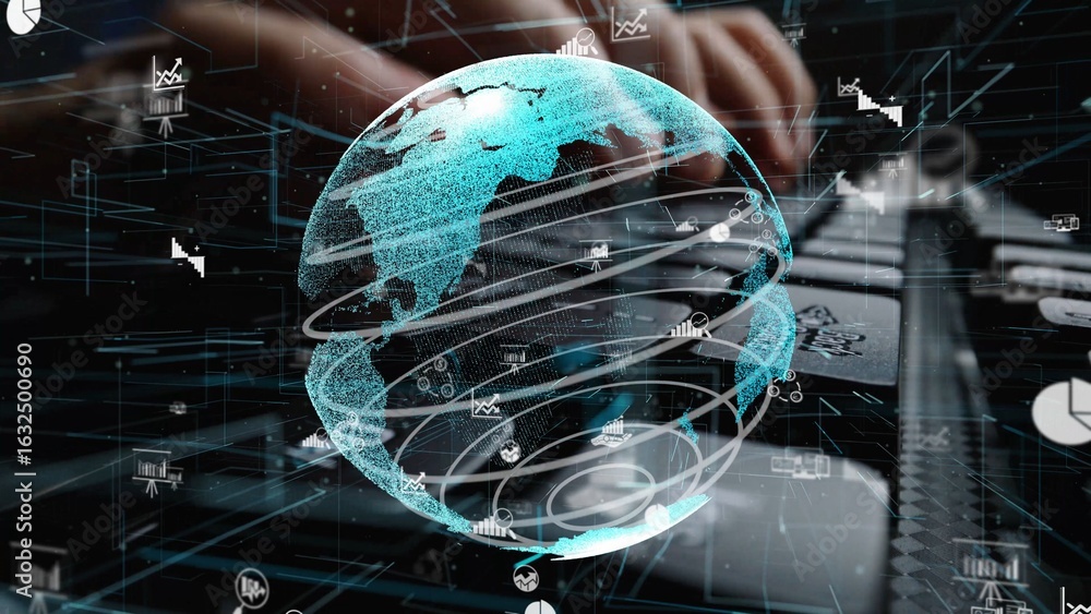 Poster a striking digital globe with data visualization elements overlays a modern workspace, highlighting 