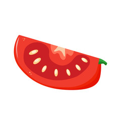 Red tomato slice. Ripe tomato cut with seeds, abstract fresh vegetable, organic vegetarian food product.