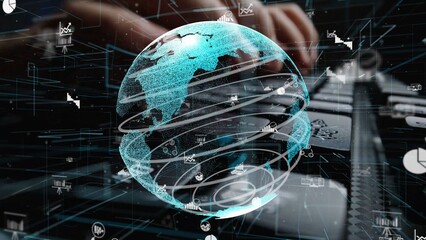 A striking digital globe with data visualization elements overlays a modern workspace, highlighting the importance of technology in data analysis and business insights. Xenic