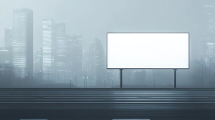 Blank billboard in misty cityscape