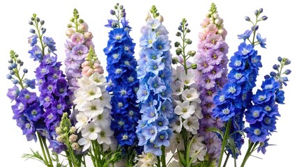 A Vibrant Bouquet of Delphinium Flowers in Various Shades on White Background