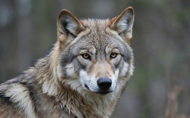 Obraz premium Gray wolf stands on hind legs, looking directly at camera with mouth open and tongue hanging out. Blurred forest background draws focus to majestic animal.