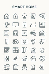 A set of linear icons representing smart home technology, devices, and home automation.