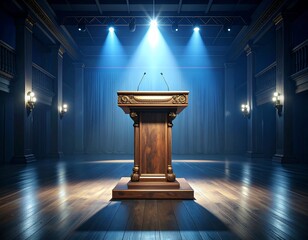 Ornate wooden podium with microphones on a grand stage, bathed in dramatic blue spotlights. An empty hall awaits a speaker for a formal event, conference, or public address.