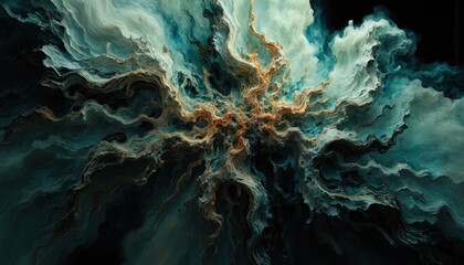 Digital painting features abstract tree with jagged branches in warm yellow hues against dark blue, white gradient background. Tree dominates frame, branches extend outwards. Vibrant colors create