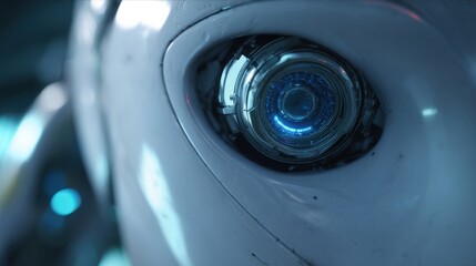 Closeup of a robotic eye equipped with advanced sensors scanning a newly assembled AUV hull for quality control while soft blue lights flicker revealing the precision of technology