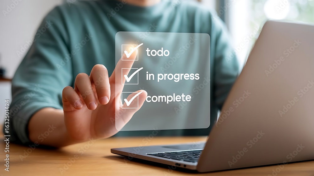 Poster man interacting with a digital checklist on a laptop screen