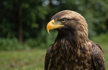 Fototapeta premium Majestic eagle with rich brown plumage, white chest, distinctive yellow bill, eye sits on gray rock. Eagle gazes directly at camera, head tilted to left, conveying calm serenity. Brown bird of prey