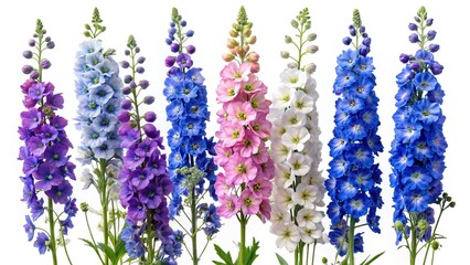 Colorful Larkspur Flower Cluster on White Background with Varying Shades