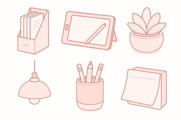 Minimal cartoon icon pack with pastel pink tones showing modern home office tools like organizer, plant, tablet and lamp for clean remote work illustrations.
