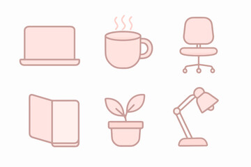 Cartoon pastel icon pack with thin outlines and soft pink tones showing home office essentials like mug, lamp, notebook and chair for modern remote work
