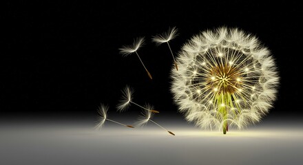 闇に輝く綿毛 繊細な光と影 静かに舞う種 希望の象徴. AI Generated