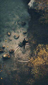 Lone figure walking along rocky shore at sunset during autumn season with yellow leaves scattered about.