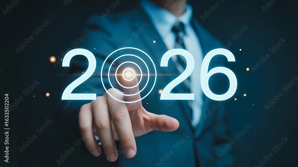 Poster futuristic display of the year 2026 with a finger touching the screen