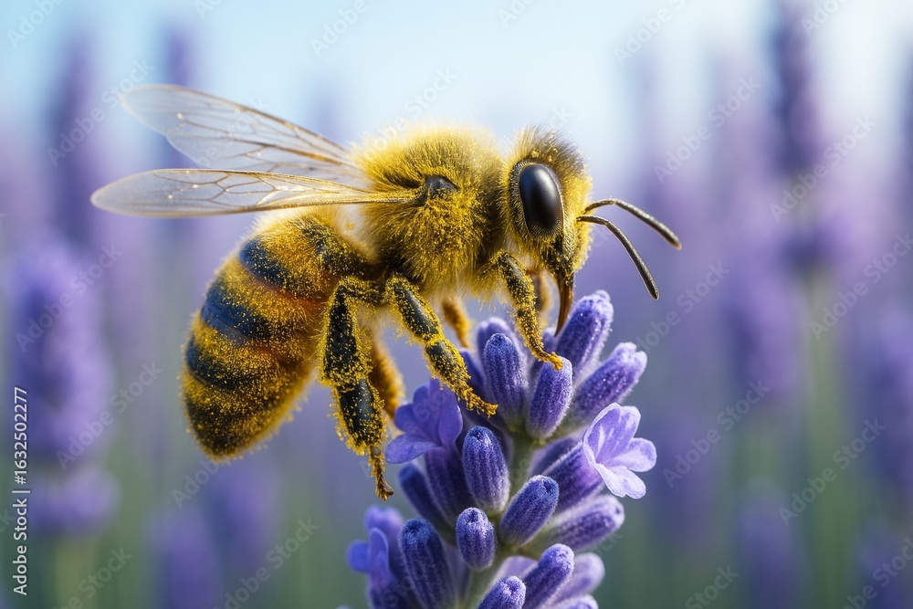Poster Detailed close-up of honeybee covered in pollen collecting nectar from lavender blossom in field under soft light with dreamy background effect. Ai generative