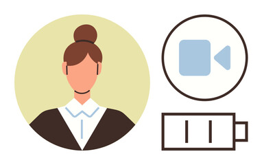 Woman with a bun hairstyle in formal attire, next to a video recording icon and low battery indicator. Ideal for online meetings, video calls, productivity, work-life balance, technology, remote