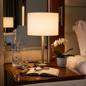 The night lamp is placed on a brown table with a book and a glass beside it