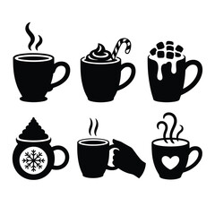 Obraz premium Six Black Silhouette Hot Drinks with Winter Accents