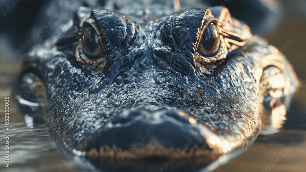 Poster Mesmerizing alligator looking directly at the camera in a swamp habitat.