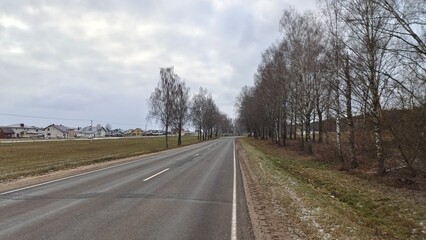 An asphalt road with markings runs through birch trees and leads to the houses of the village. The first snow lies on the sandy roadsides and on the grass. Cloudy autumn weather