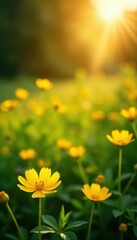 Fototapeta premium Golden buttercup bathed in sunlight, idyllic nature scene, outdoor, spring, scenic