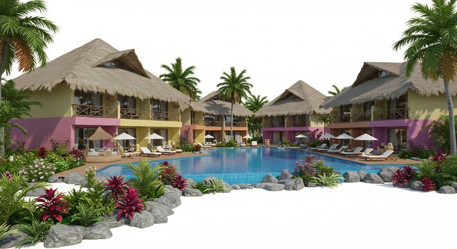 南国リゾート輝くプール辺り穏やか建築デザイン (Nankoku rizōto kagayaku pūru atari odayaka kenchiku dezain) Translation: Tropical resort, shining pool, calm architecture design.. AI Generated