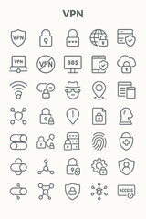 Fototapeta premium A grid of line icons illustrating concepts of VPN, cybersecurity, data protection, privacy, and secure internet access.