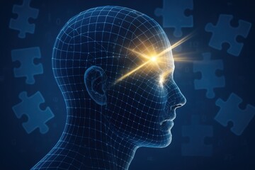 Obraz premium Illumination in the Mind: A striking digital rendering showcasing the human mind as a network of interconnected thoughts, emphasized by a glowing light, against a backdrop of scattered puzzle pieces.