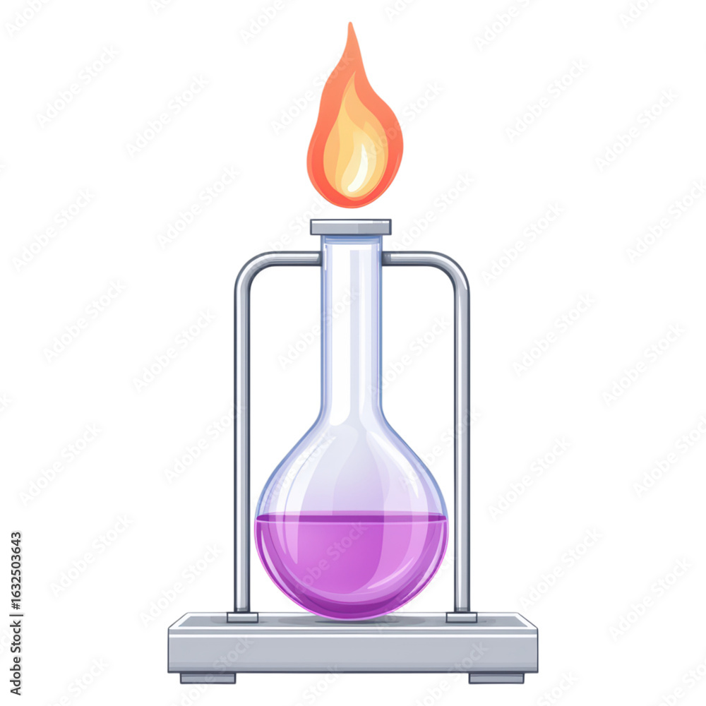 Poster science experiment with glass flask and open flame, isolated on transparent background.