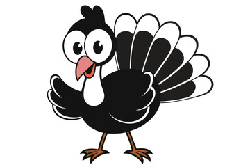 Cartoon Turkey with Big Eyes and Black Feathers on White Background