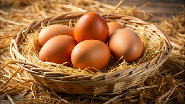 Photo of a closeup view of fresh, brown eggs nestled in a rustic wicker basket filled with straw, suggesting a natural and organic farmfresh product