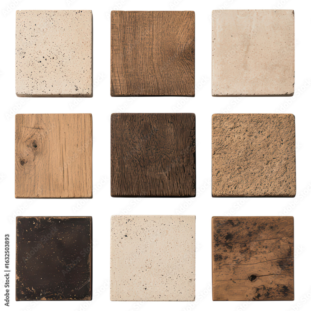 Poster textured squares of various materials displayed in grid format, isolated on transparent background.