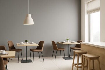 Modern minimalist cafe interior with neutral colors, wood furniture, and natural light in contemporary architectural setting.
