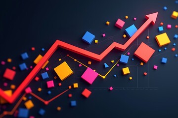 Red upward arrow and colorful squares indicating business growth and positive financial trend on dark background