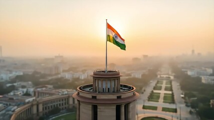 The Indian flag flutters majestically over New Delhi at sunrise, a symbol of pride for Independence Day India and its heritage.