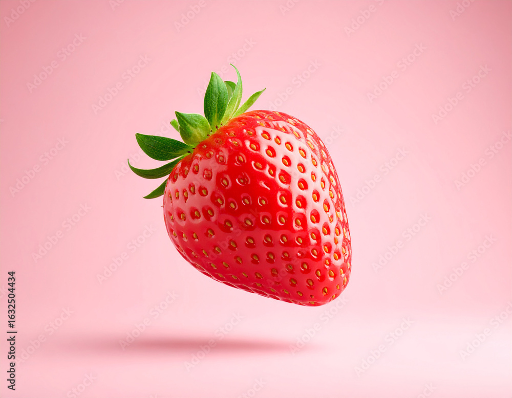 Poster a single fresh red strawberry floating on a pink background with subtle shadows