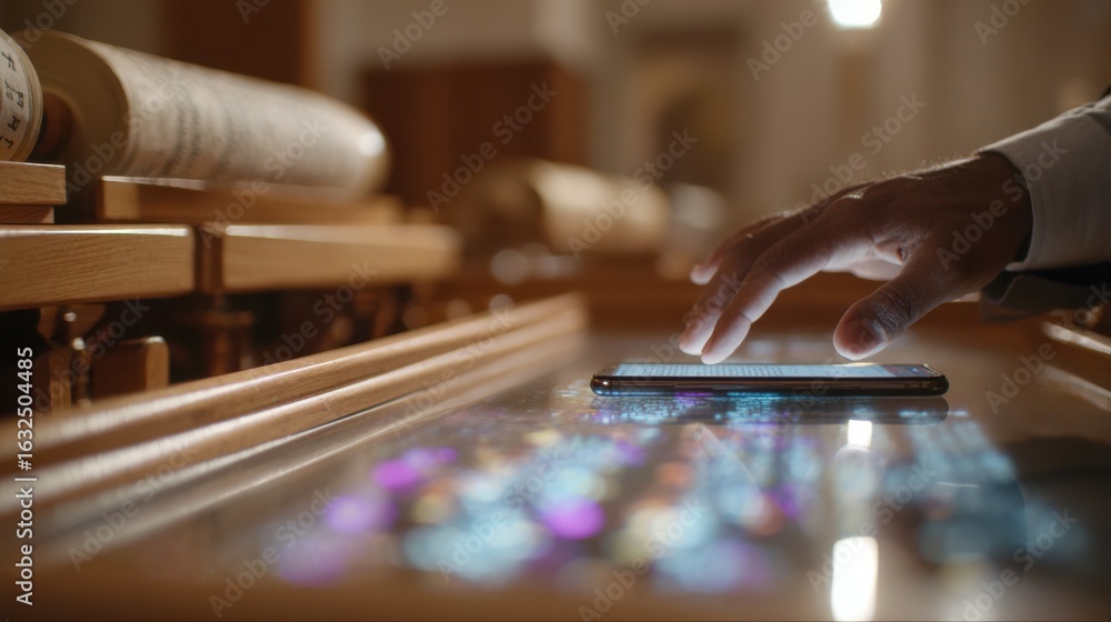 Poster medium shot capturing a users hand interacting with a sleek eink textbook wall illuminated by update