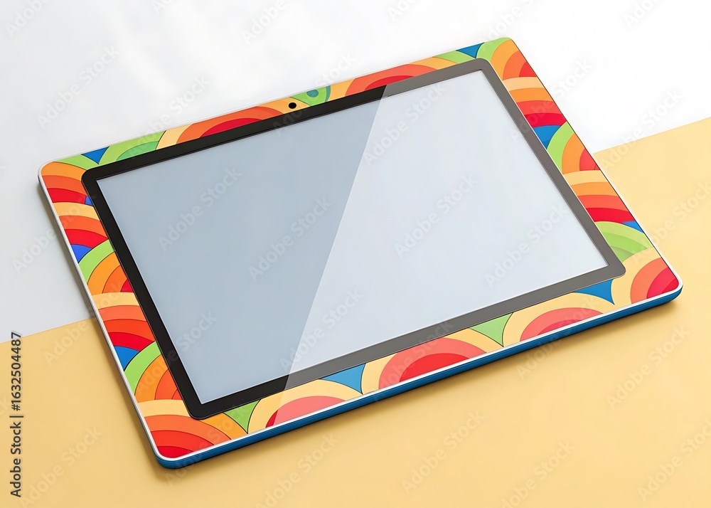 Poster a modern tablet device with a colorful rainbow pattern on its frame, showcasing a blank screen for m