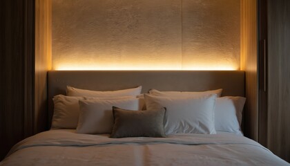 Bedroom interior with large bed, white comforter and gray pillows. Wood panel wall and polished wood floor. Warm glow from light fixture above creates cozy atmosphere.