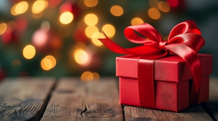 Festive red christmas gift box with a satin ribbon and bow, set against a blurred bokeh background of warm lights