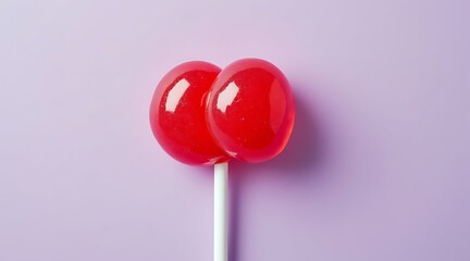 Single red lollipop with a white stick, isolated on a plain purple background, studio shot
