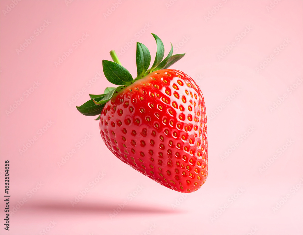 Poster a single ripe red strawberry floating in the air against a soft pink background with a shadow