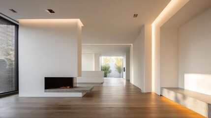 Modern, bright living room with fireplace