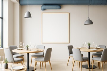 Minimalist restaurant interior with light decor, wooden furniture, and blank frame on wall in bright contemporary space for branding mockup template.