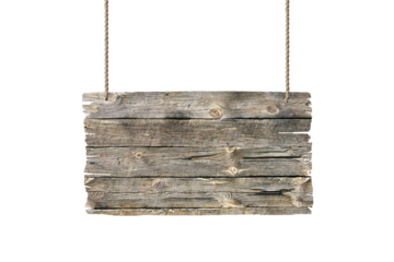 Hanging wooden sign on white isolated background