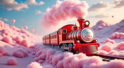 Whimsical red steam train with pink fluffy clouds in a dreamlike landscape