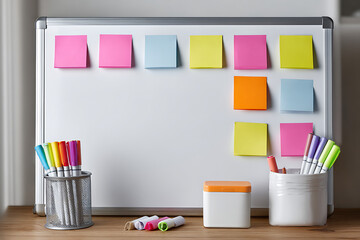 Brainstorming ideas on whiteboard with colorful sticky notes and markers, perfect for planning, collaboration, or creative project visualization