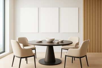 Contemporary dining room interior with round table, minimalist beige chairs, and blank wall mockups for branding or artwork display concept.